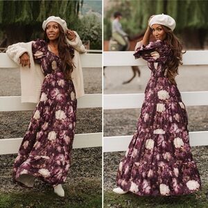 Ivy City Co Floral Maxi Dress in Purple and Cream